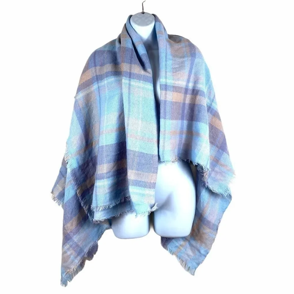 Soft Baby Blue Beige Plaid Scarf